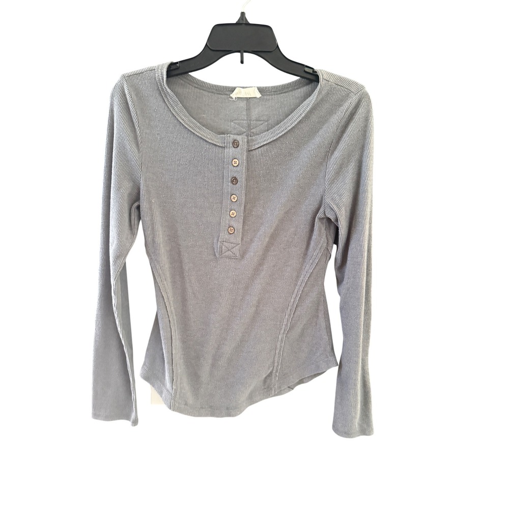 New In Grey Ribbed Henley Long Sleeve Top Slim Fit Fall Winter Small Casual